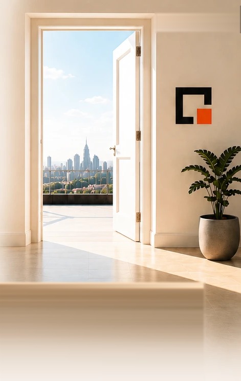 An open door onto a morning city skyline, the reLease mark on the wall